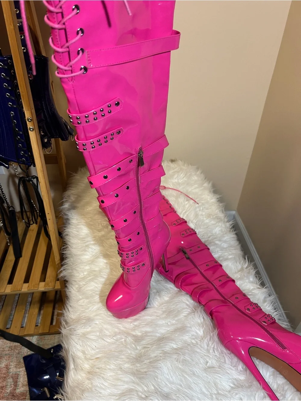 Hot Pink Over-the-Knee Platform Stiletto Boots with Buckle Straps